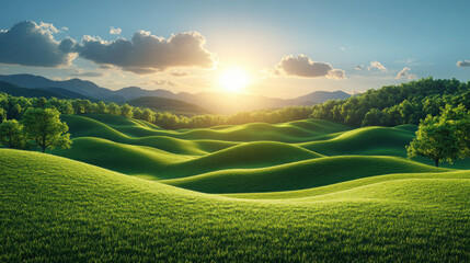 Obraz premium A vector wallpaper of rolling green hills under a bright, cartoonish sun