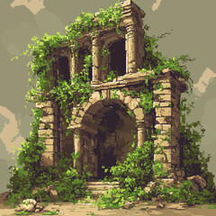 Naklejka premium Ancient ruins vector artwork with lush foliage and arched stone structure.