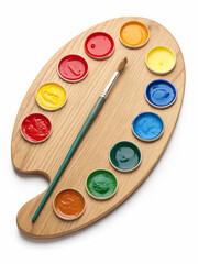 Naklejka premium palette with paints and brushes, Wooden art palette with paints isolated on white background