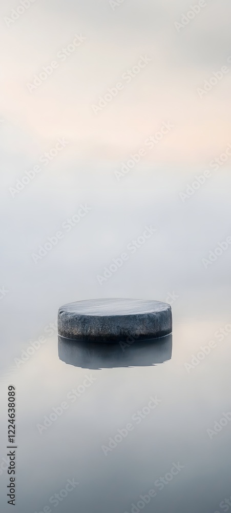 Poster a podium set on a calm, reflective water surface with soft fog rolling in from the distance, creatin