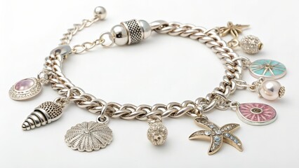 Silver Charm Bracelet with Seashell and Starfish Charms