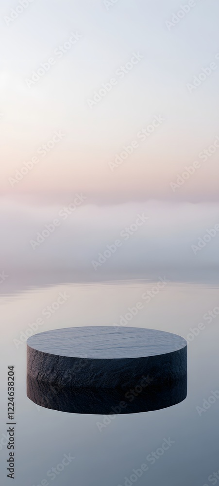 Poster a podium set on a calm, reflective water surface with soft fog rolling in from the distance, creatin