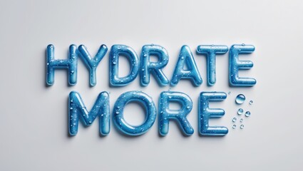 Bold text spells "HYDRATE MORE" in a vibrant blue color, emphasizing the importance of hydration with bubbles around the letters.