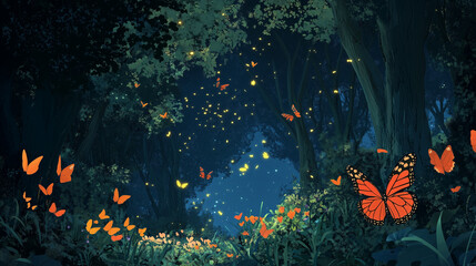 Fototapeta na wymiar Enchanted Forest Night Scene with Glowing Butterflies and Fireflies