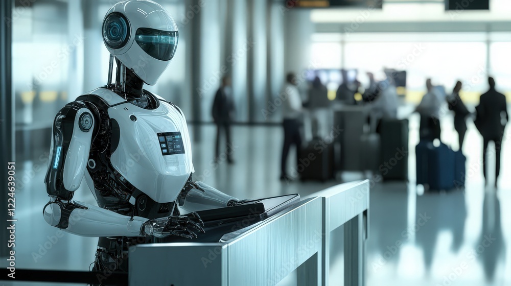 Poster a futuristic white robot is attending to an electronic device at an airport check-in