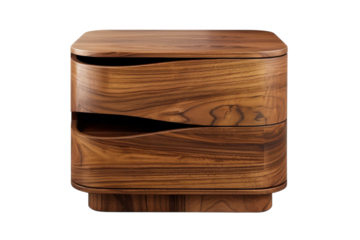 Stylish wooden nightstand with curved drawers, showcasing modern design and craftsmanship in a cozy bedroom setting isolated on transparent background