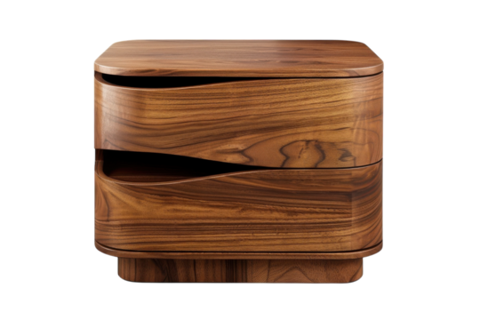 Stylish wooden nightstand with curved drawers, showcasing modern design and craftsmanship in a cozy bedroom setting isolated on transparent background