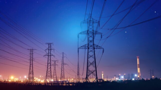 A serene night scene featuring high-voltage power lines silhouetted against a vibrant blue and orange skyline, radiating energy and industrial beauty.