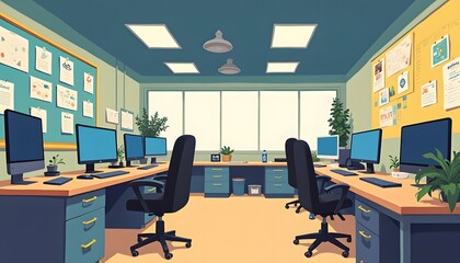 Modern Office Workspace With Multiple Computers And Plants