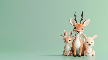 A deer and two bunnies sit together against a light green background.