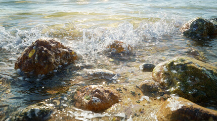 Obraz premium Ocean Waves Crashing on Rocky Shore Tranquil Beach Scene Summer Sunlight Golden Rocks sea view calm 