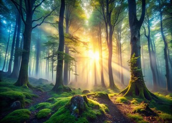 Obraz premium Ethereal Foggy Forest: Mystical Trees and Misty Morning Landscape