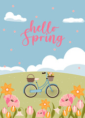 Flat-style illustration of a vintage bicycle with baskets full of flowers in a blooming spring meadow. The scene features colorful tulips, daisies, rolling green hills, a clear sky, and cheerful "Hell