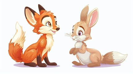 Fototapeta premium A cartoon fox and a rabbit looking at each other.