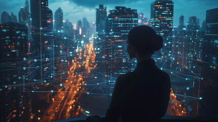 Abstract business woman stands on Smart digital Innovation city with connection network reciprocity over the twilight cityscape. of future wireless digital city and social media networking systems