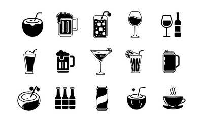 Beverages or drinks icon set. Containing bottle, wine glass, coconut, mineral water, tea, coffee, beer, soda can, juice, cup, cocktail. Vector illustration