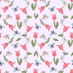 Butterfly and tulips Pattern, for textile, posters design, packaging paper.
