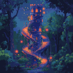 Obraz premium Enchanted tower at night with glowing lanterns in a forest vector.