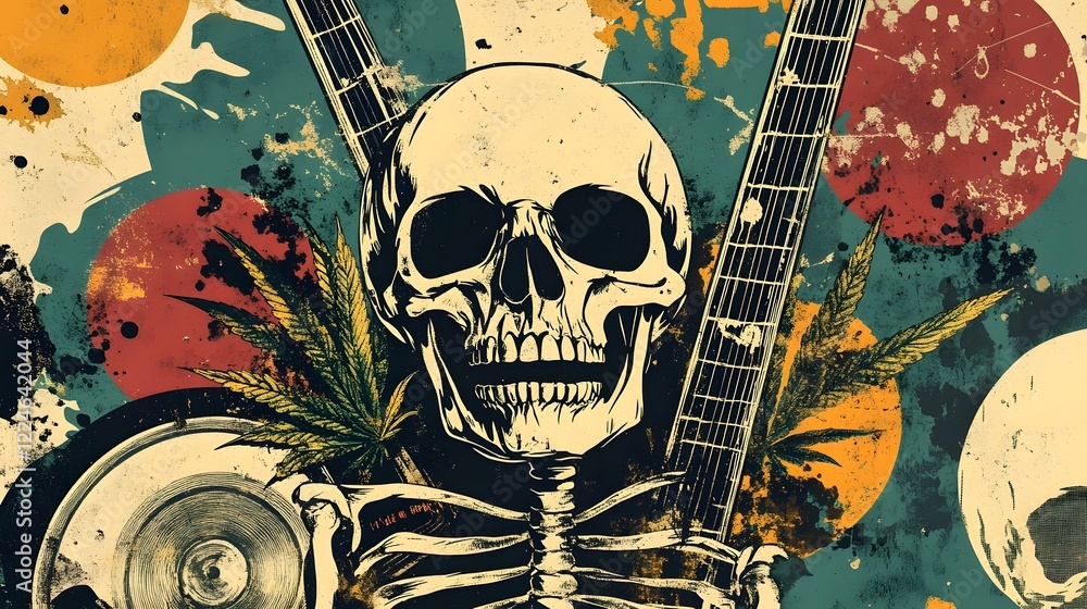 Poster Skull and Guitar Abstract Grunge Art Background with Splatter and Vintage Texture