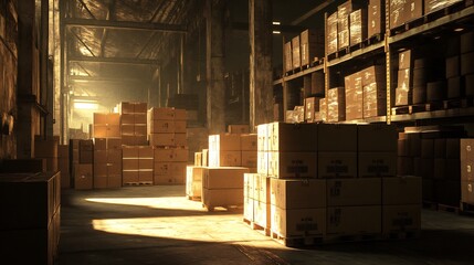Golden light illuminates stacked cardboard boxes in a vast warehouse interior. AI Generated