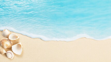 Serene beach scene with seashells on golden sand, gentle waves lapping at the shore under clear skies