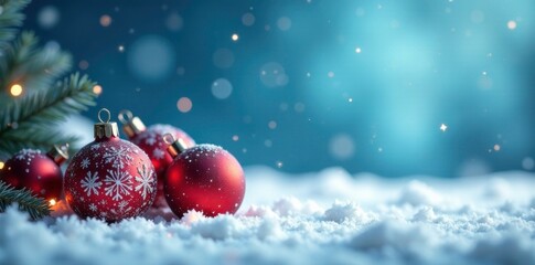 Sparkling snowflakes fall around Christmas ornaments on a frosty white background, icy atmosphere, frosty background, blue