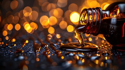Engine maintenance  pouring motor oil from a black bottle in an auto repair shop setting