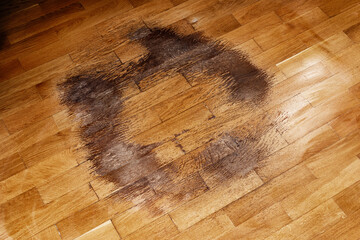Old wooden parquet with visible signs of moisture and wear. Darkened areas, stains and wood texture...