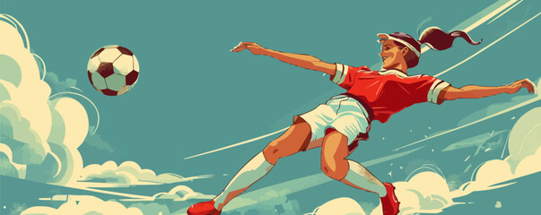 Vector art of female soccer player in action amidst dynamic clouds.