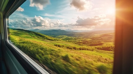 A tranquil train journey featuring a window view of vibrant green landscapes, undulating hills, and a vast blue sky under natural sunlight