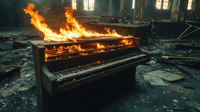Burning Piano in an Abandoned Building