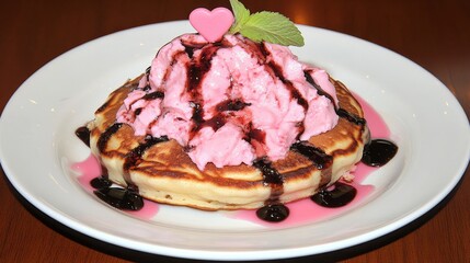 Delicious Pancake Dessert with Pink Cream and Chocolate Sauce
