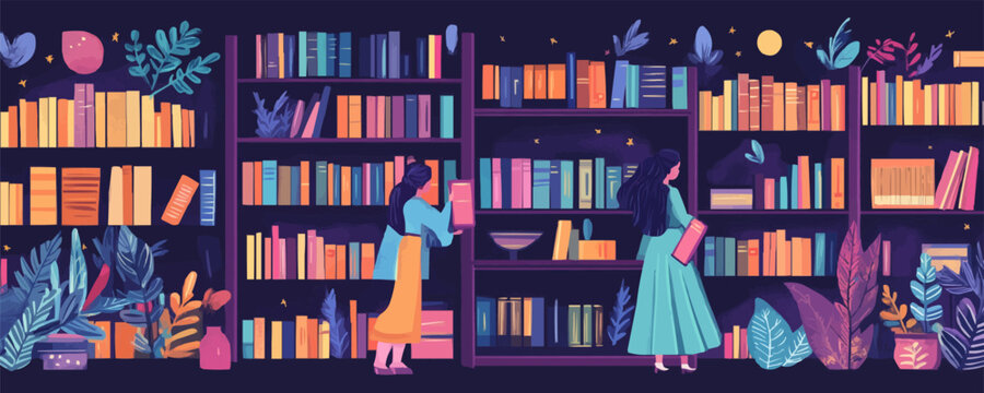 Vector library scene with bookshelves and characters.