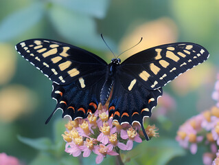 Fototapeta premium Black Swallowtail Butterfly: A striking black swallowtail butterfly with vibrant yellow and orange markings perches delicately on a cluster of pink blossoms.