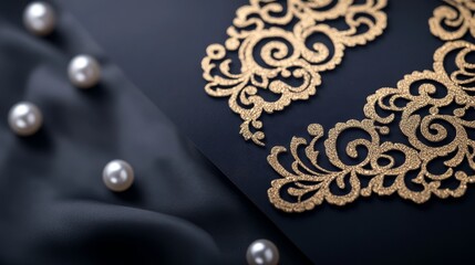 Fototapeta premium Elegant gold lace design on dark fabric with pearls, showcasing intricate craftsmanship and luxury