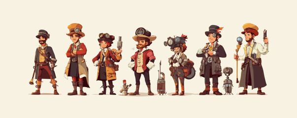 Vector steampunk characters with vintage costumes and accessories.