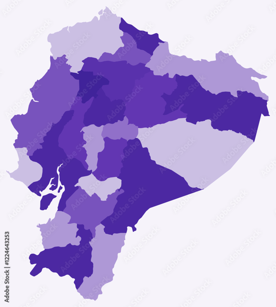 Poster map of ecuador with regions. a simple country border map with region division. deep purple color pal