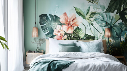 Serene Tropical Bedroom Interior Design with Teal and White Bedding and Floral Wallpaper