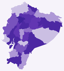 Map of Ecuador with regions. A simple country border map with region division. Deep purple color palette. Blank Ecuador shape with administrative division. Vector illustration.