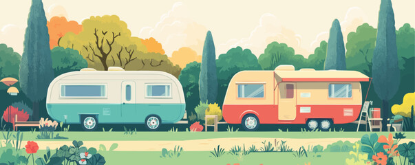 Colorful camper vans in scenic vector park landscape.