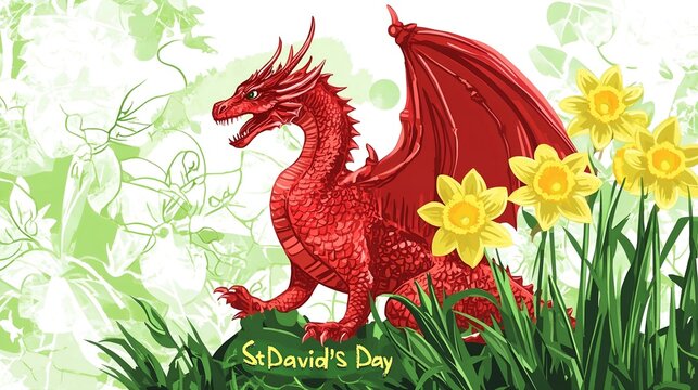 Red Welsh dragon standing among yellow daffodils with green foliage, symbolizing Saint David's Day celebration.