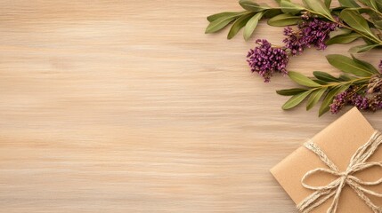 Rustic wooden background with a wrapped gift and greenery, perfect for holiday or celebration themes