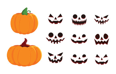 Set of pumpkins on a white background. Orange pumpkin with a smile for your design for the Halloween holiday. Vector illustration.