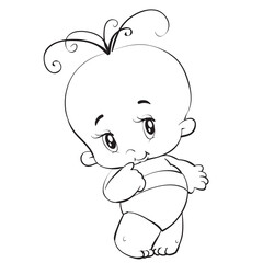 Printsketch, baby standing in a diaper and with three hairs on his head, coloring, isolated object on a white background, vector illustration, eps