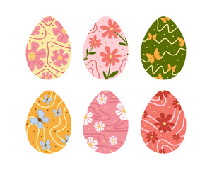 Decorative Easter eggs set with hand-drawn floral and butterfly patterns in pastel spring color palette. Bright and colorful eggs collection in vector Easter traditions concept. For banner, postcards.
