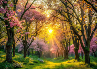 Softly lit blossoms in shades of pink, yellow, and peach create serene atmosphere in vibrant forest. Sunlight filters through trees, enhancing beauty of nature
