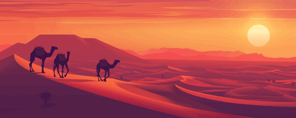 Sunset desert scene with camels: a stunning vector landscape.