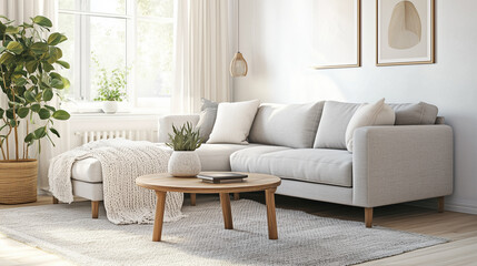 Bright Modern Living Room with Gray Sectional Sofa and Wooden Coffee Table