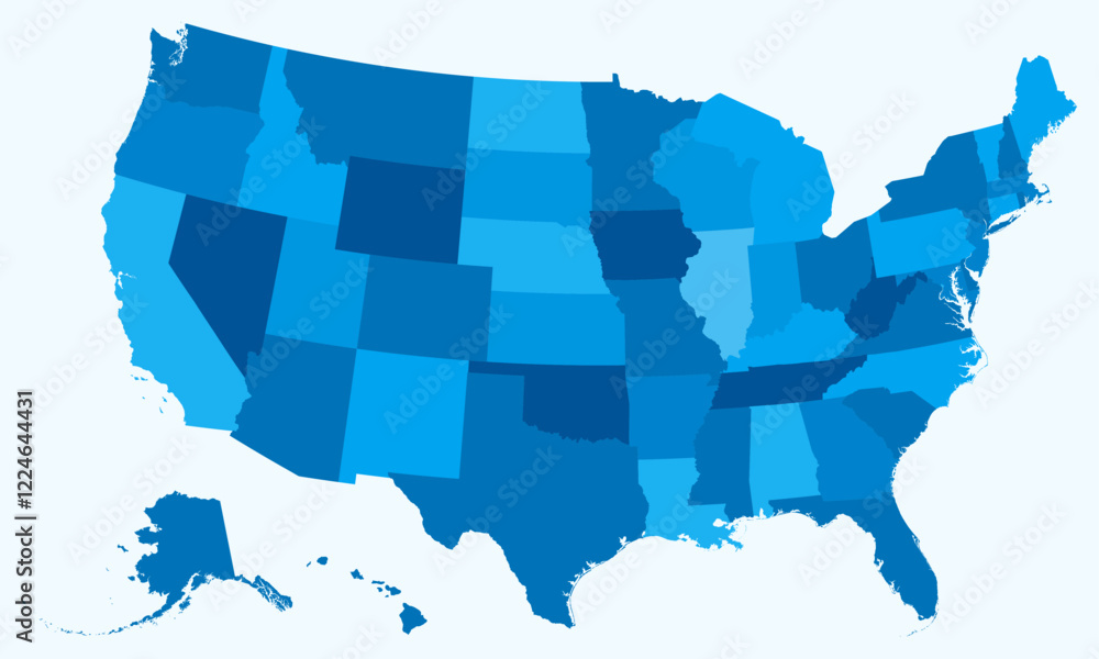 Poster map of united states. just a simple border map with state division. light blue color palette. plain 