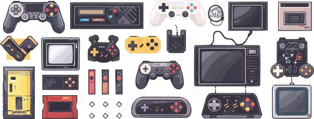 Poster retro gaming devices vector collection featuring classic controllers and consoles.
